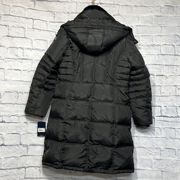 NWT-LONDON FOG Women's Chevron Coat with Faux Fur Trimmed Hood - Picture 8 of 8